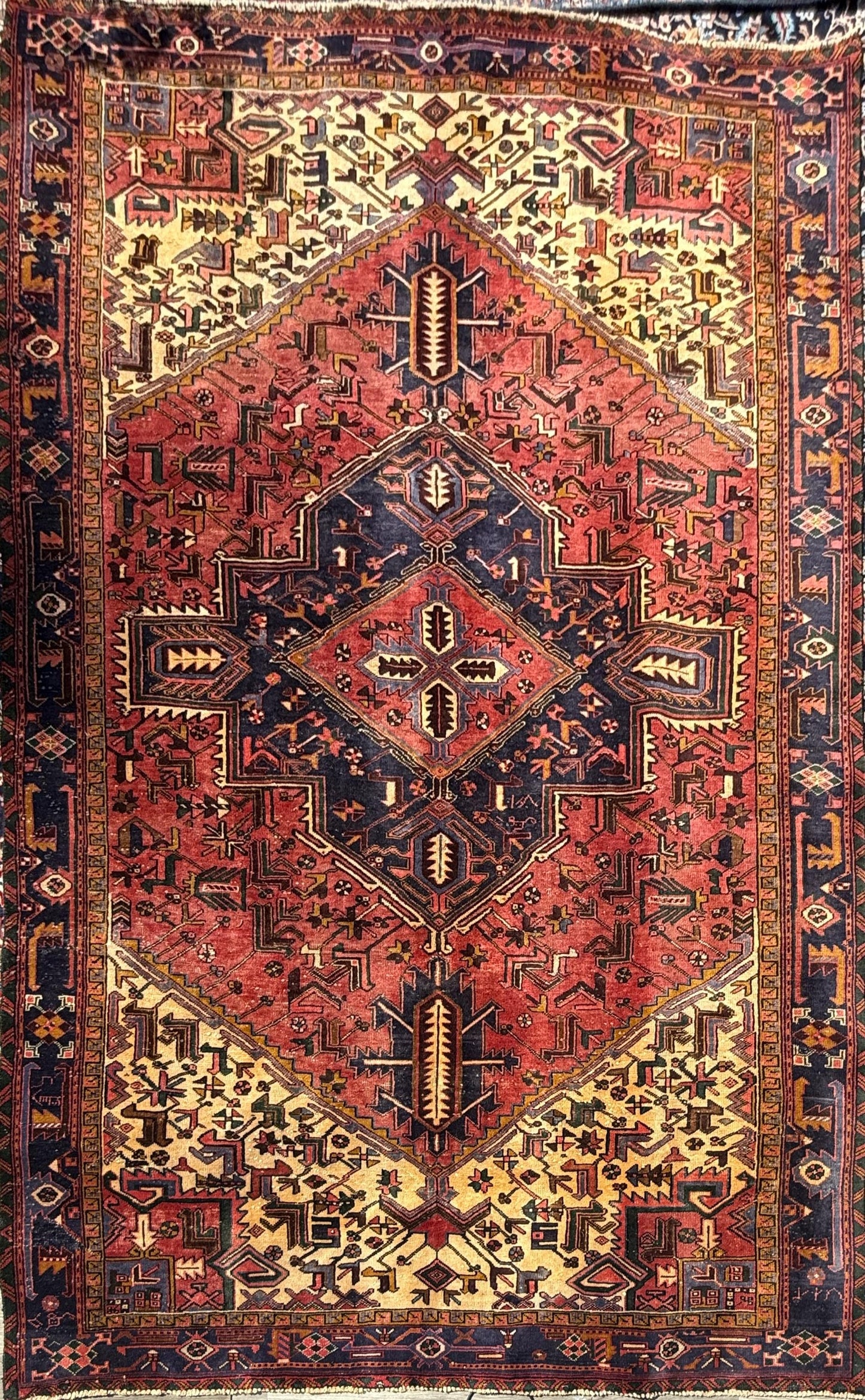 Vintage Turkish Rug 7.3x10.6 ft – Hand Knotted Anatolian Tribal Geometric Area Rug – Authentic 1970s Wool Carpet