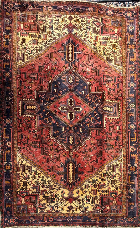 Vintage Turkish Rug 7.3x10.6 ft – Hand Knotted Anatolian Tribal Geometric Area Rug – Authentic 1970s Wool Carpet