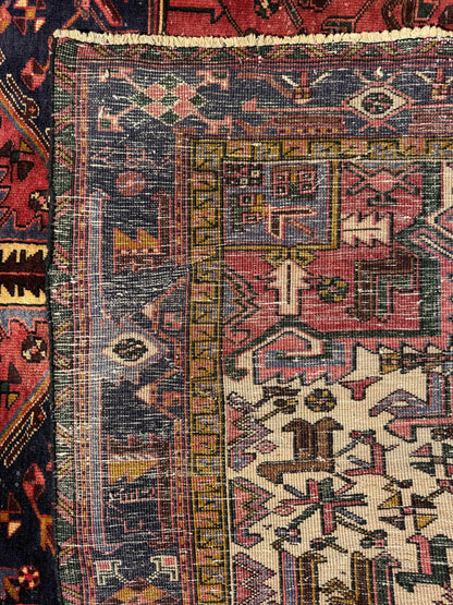 Vintage Turkish Rug 7.3x10.6 ft – Hand Knotted Anatolian Tribal Geometric Area Rug – Authentic 1970s Wool Carpet