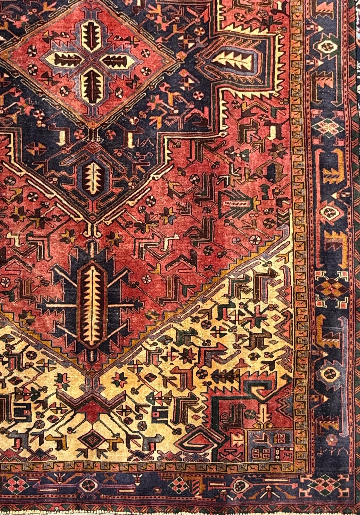 Vintage Turkish Rug 7.3x10.6 ft – Hand Knotted Anatolian Tribal Geometric Area Rug – Authentic 1970s Wool Carpet