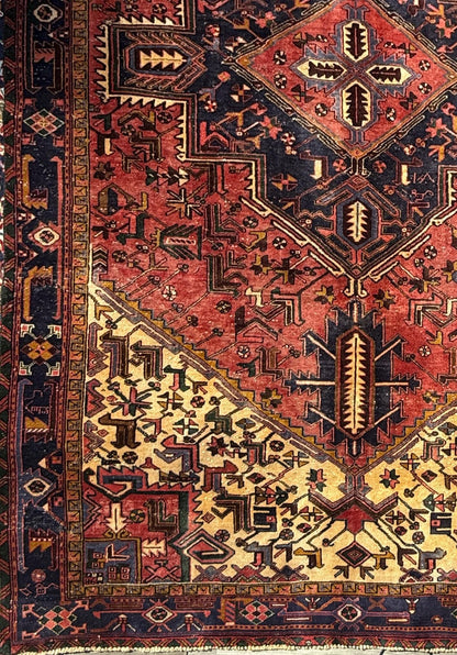 Vintage Turkish Rug 7.3x10.6 ft – Hand Knotted Anatolian Tribal Geometric Area Rug – Authentic 1970s Wool Carpet
