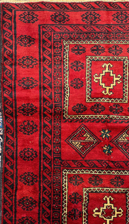 Vintage Hand-Knotted Wool Rug – 4.4x8.3 ft Geometric Tribal Anatolian Carpet