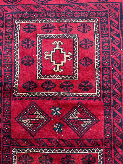 Vintage Hand-Knotted Wool Rug – 4.4x8.3 ft Geometric Tribal Anatolian Carpet