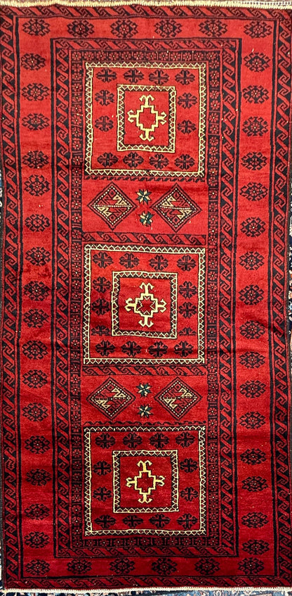 Vintage Hand-Knotted Wool Rug – 4.4x8.3 ft Geometric Tribal Anatolian Carpet