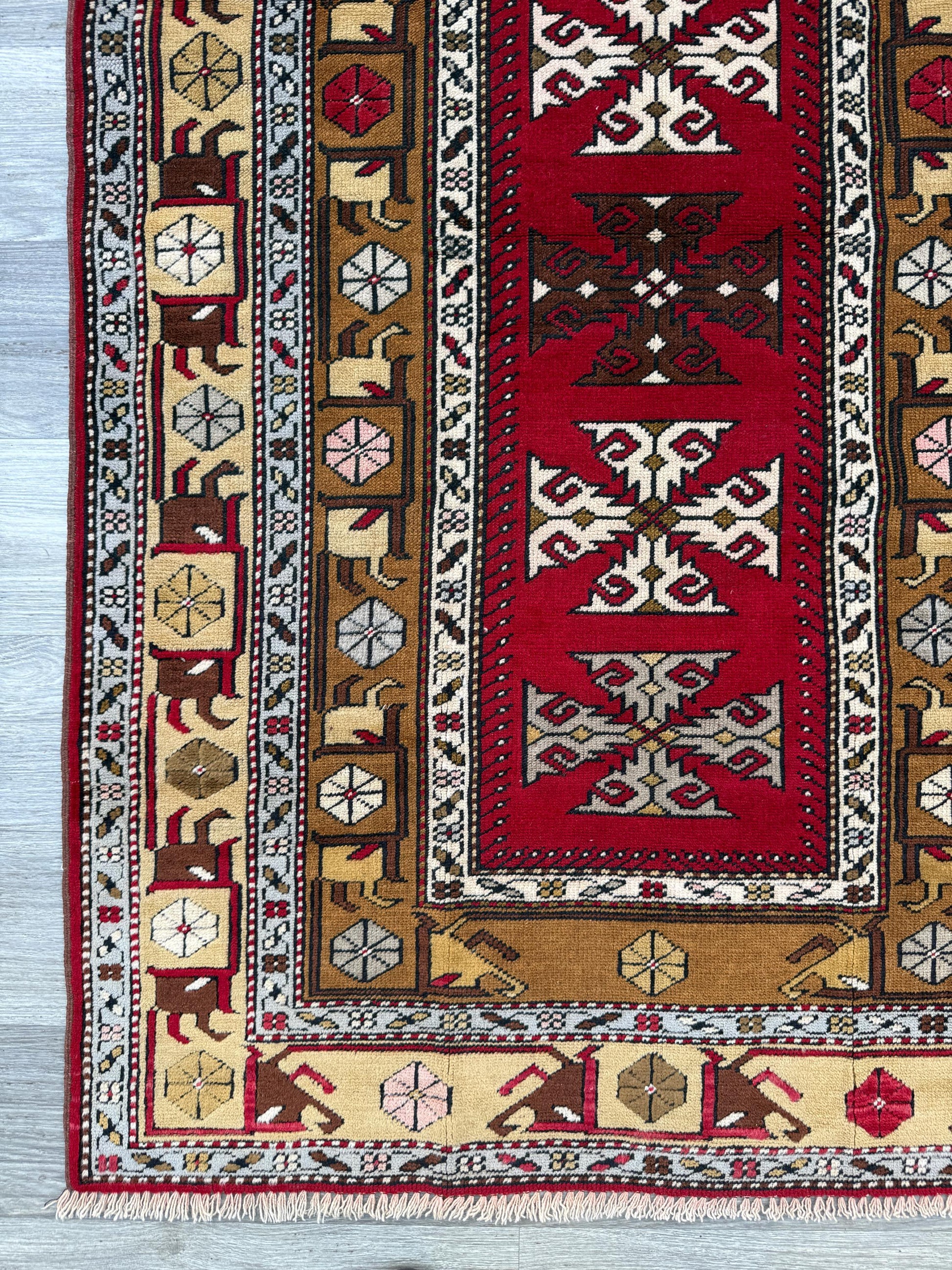 Hand Knotted Wool Kurdi Rug – 7x4 ft Geometric Tribal Area Rug 1990s