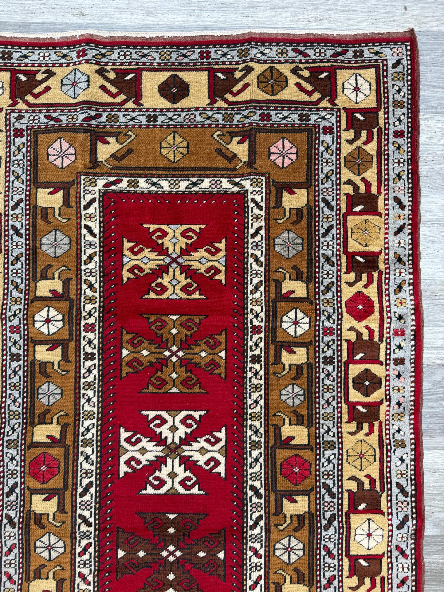 Hand Knotted Wool Kurdi Rug – 7x4 ft Geometric Tribal Area Rug 1990s