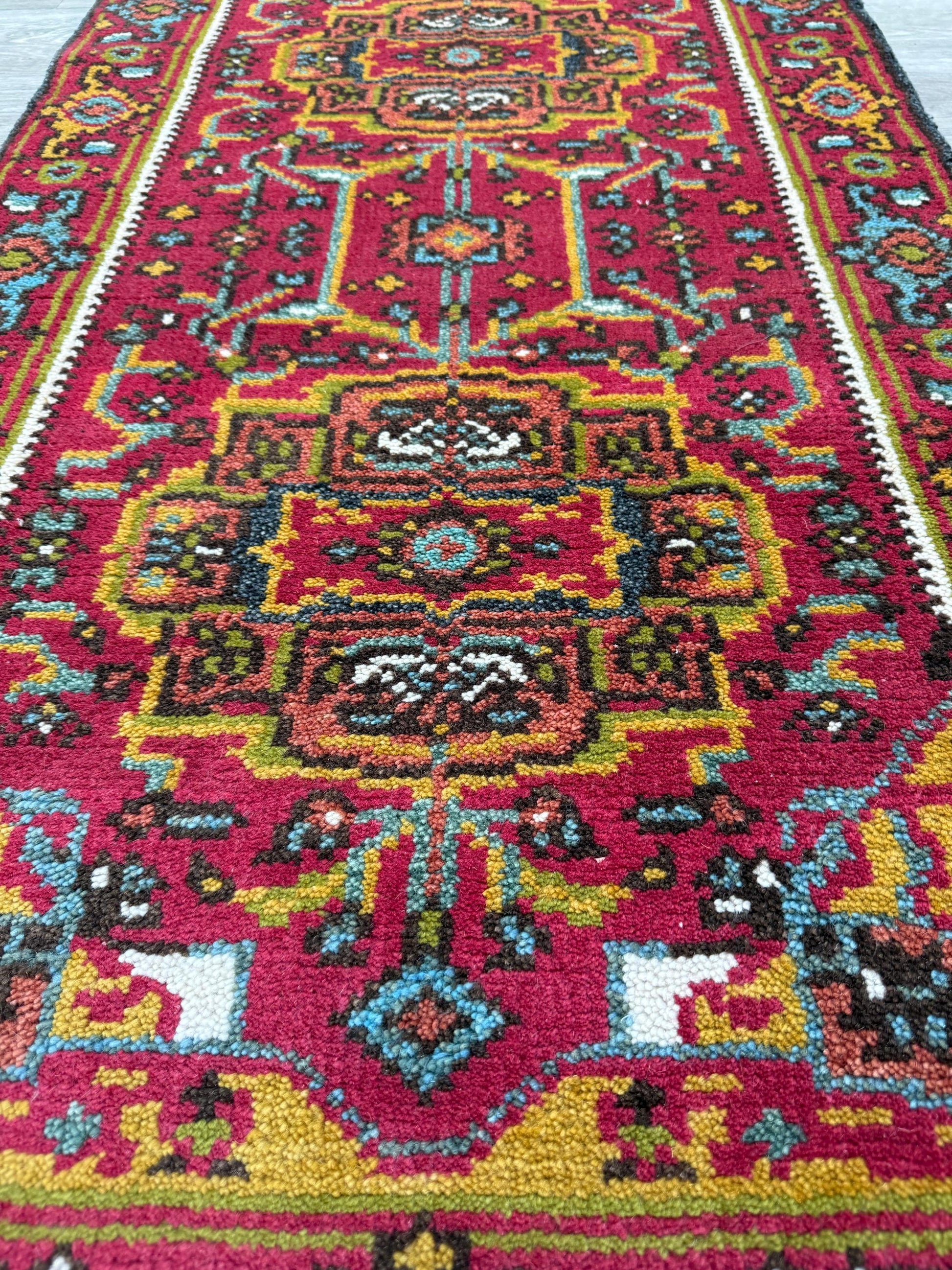 Turkish Oushak Rug 2.6x10 ft Wool Runner – Multicolored Geometric Bohemian Rug – Handmade Contemporary Design