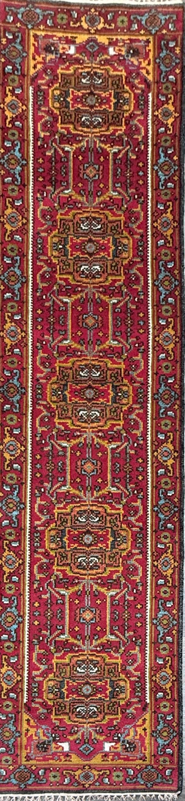 Turkish Oushak Rug 2.6x10 ft Wool Runner – Multicolored Geometric Bohemian Rug – Handmade Contemporary Design