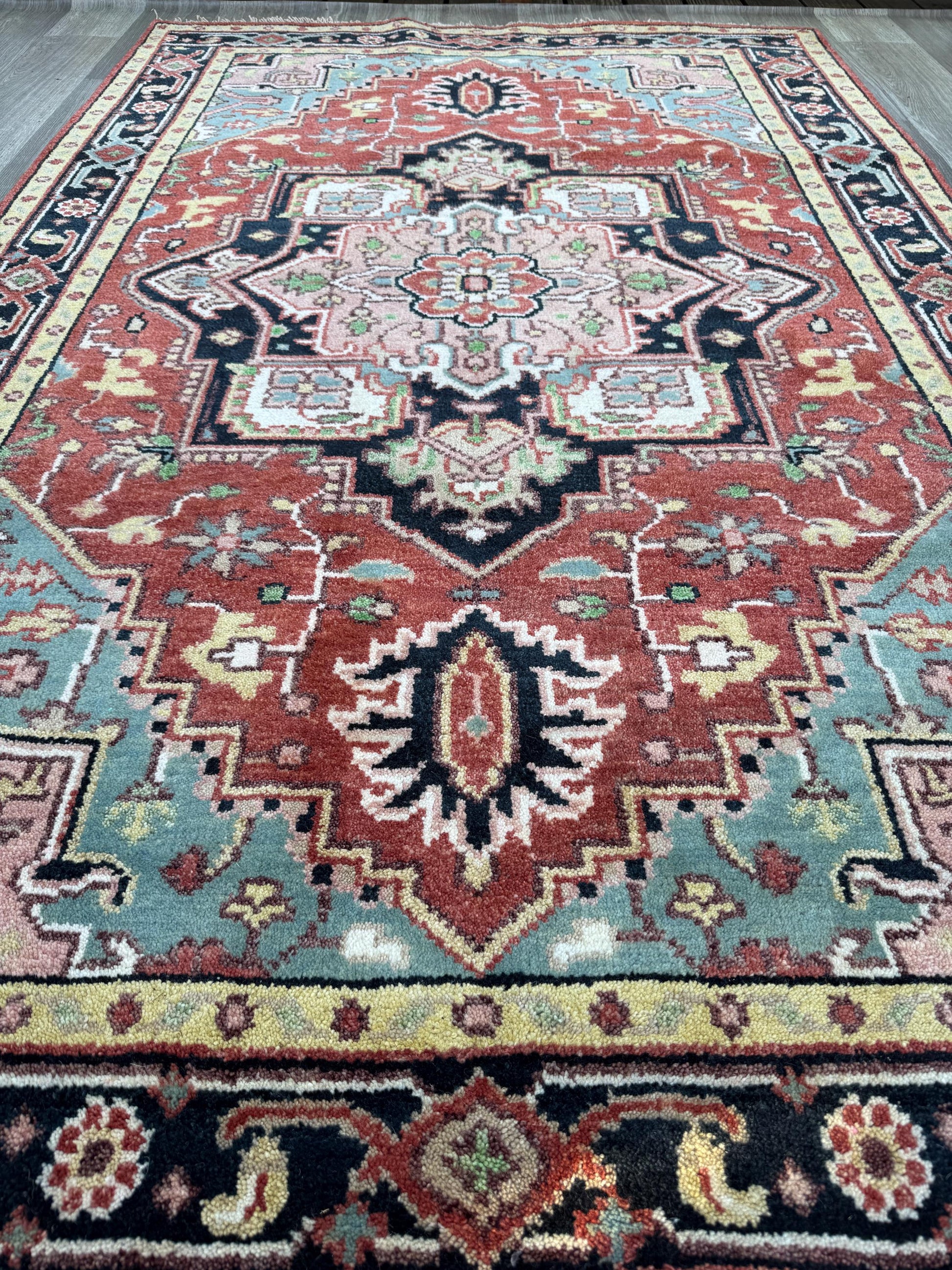Handmade Wool Oushak Rug – Multicolored Geometric Bohemian Area Rug 5x8 ft