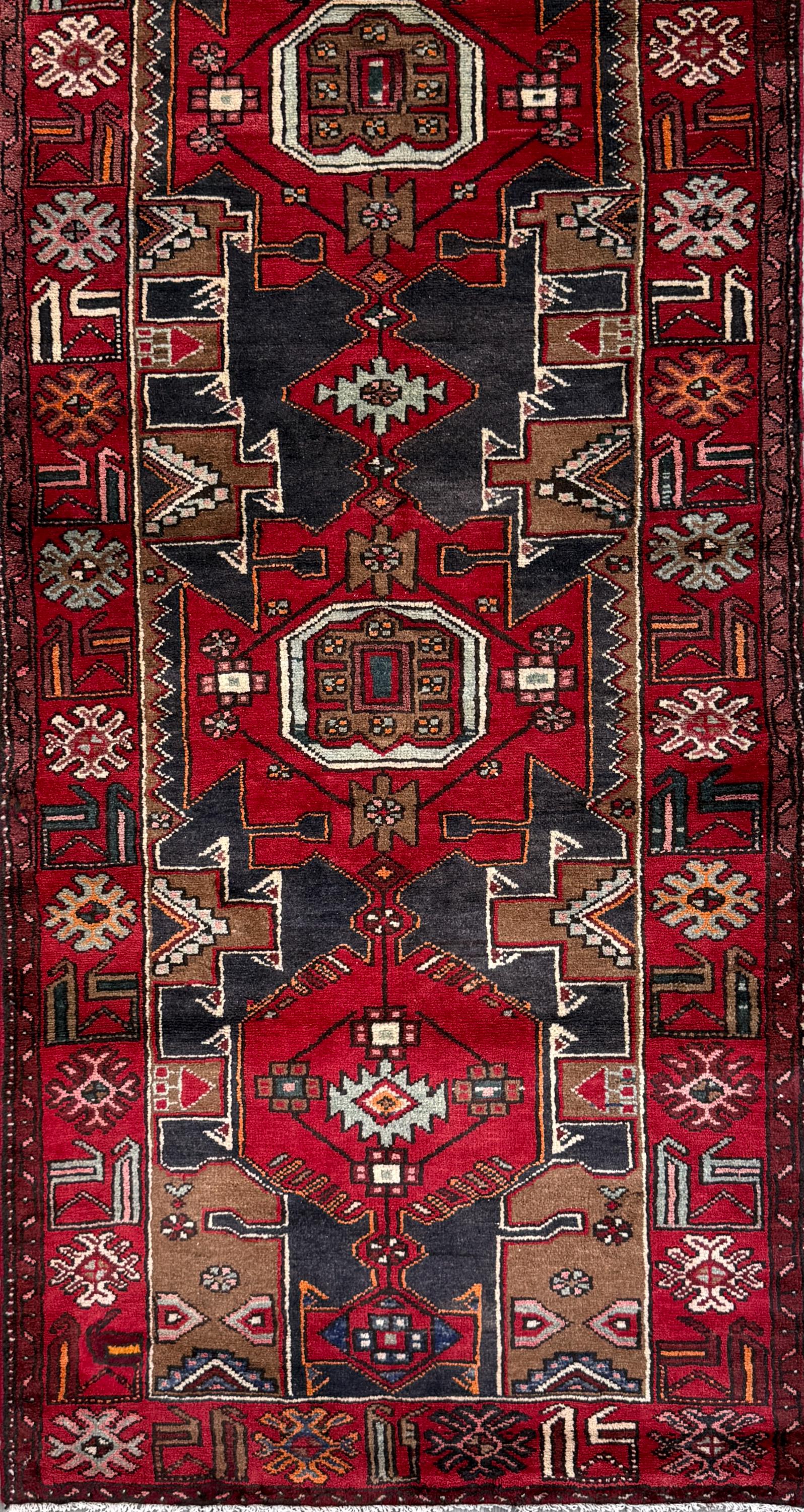 Vintage Turkish Rug 3.6x10.1 ft Hand Knotted Wool Anatolian Geometric Runner 1970s