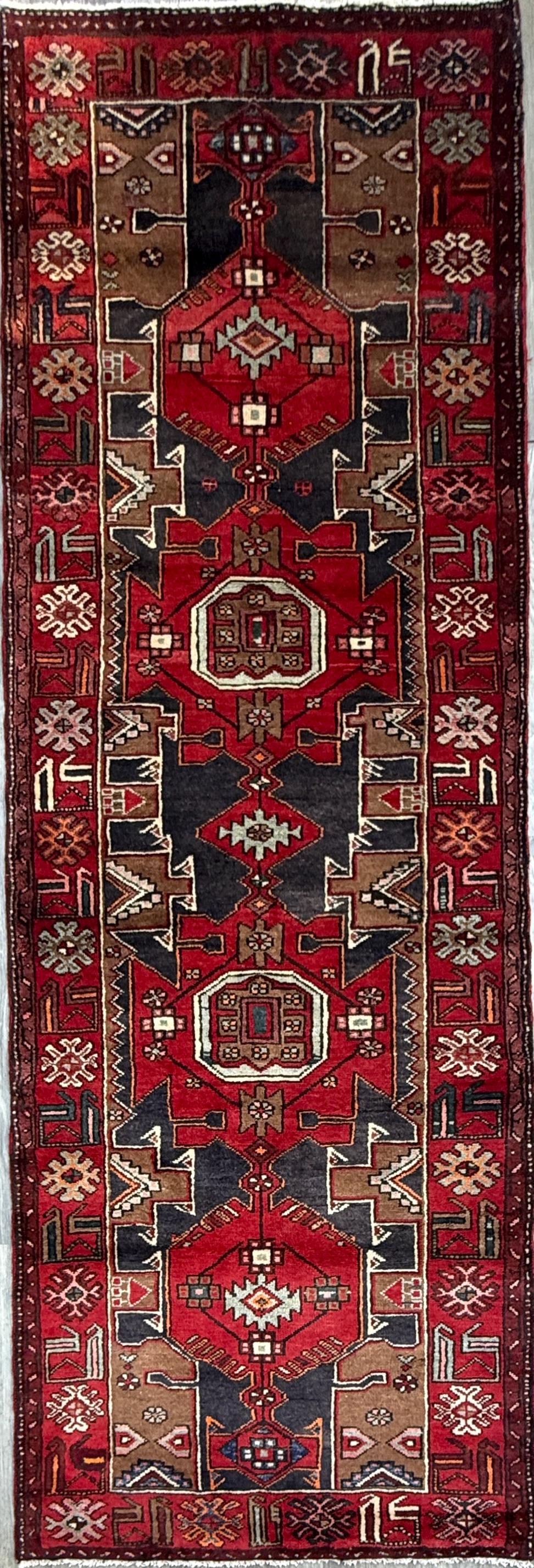Vintage Turkish Rug 3.6x10.1 ft Hand Knotted Wool Anatolian Geometric Runner 1970s