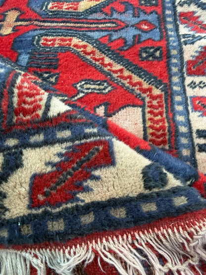 Vintage Kazak Style Rug 3x6 ft Hand Knotted Wool Tribal Geometric Area Rug 1980s