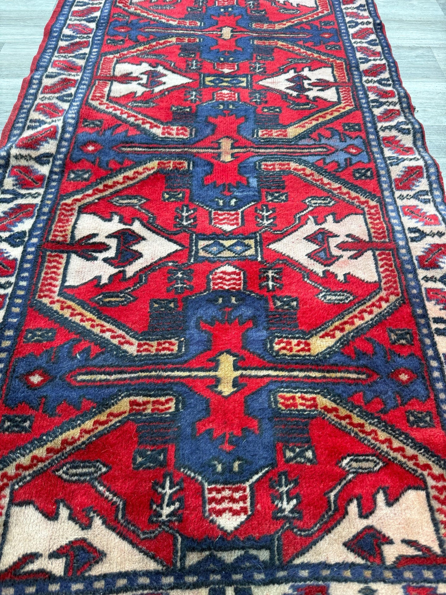 Vintage Kazak Style Rug 3x6 ft Hand Knotted Wool Tribal Geometric Area Rug 1980s