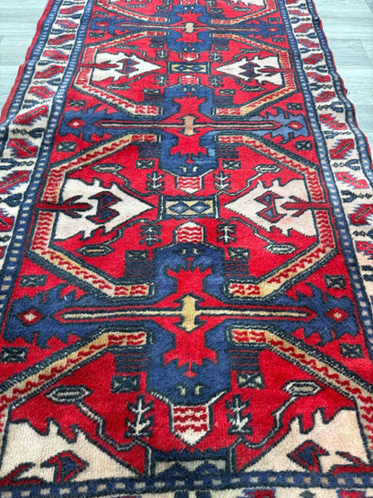Vintage Kazak Style Rug 3x6 ft Hand Knotted Wool Tribal Geometric Area Rug 1980s