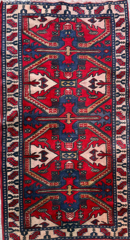 Vintage Kazak Style Rug 3x6 ft Hand Knotted Wool Tribal Geometric Area Rug 1980s