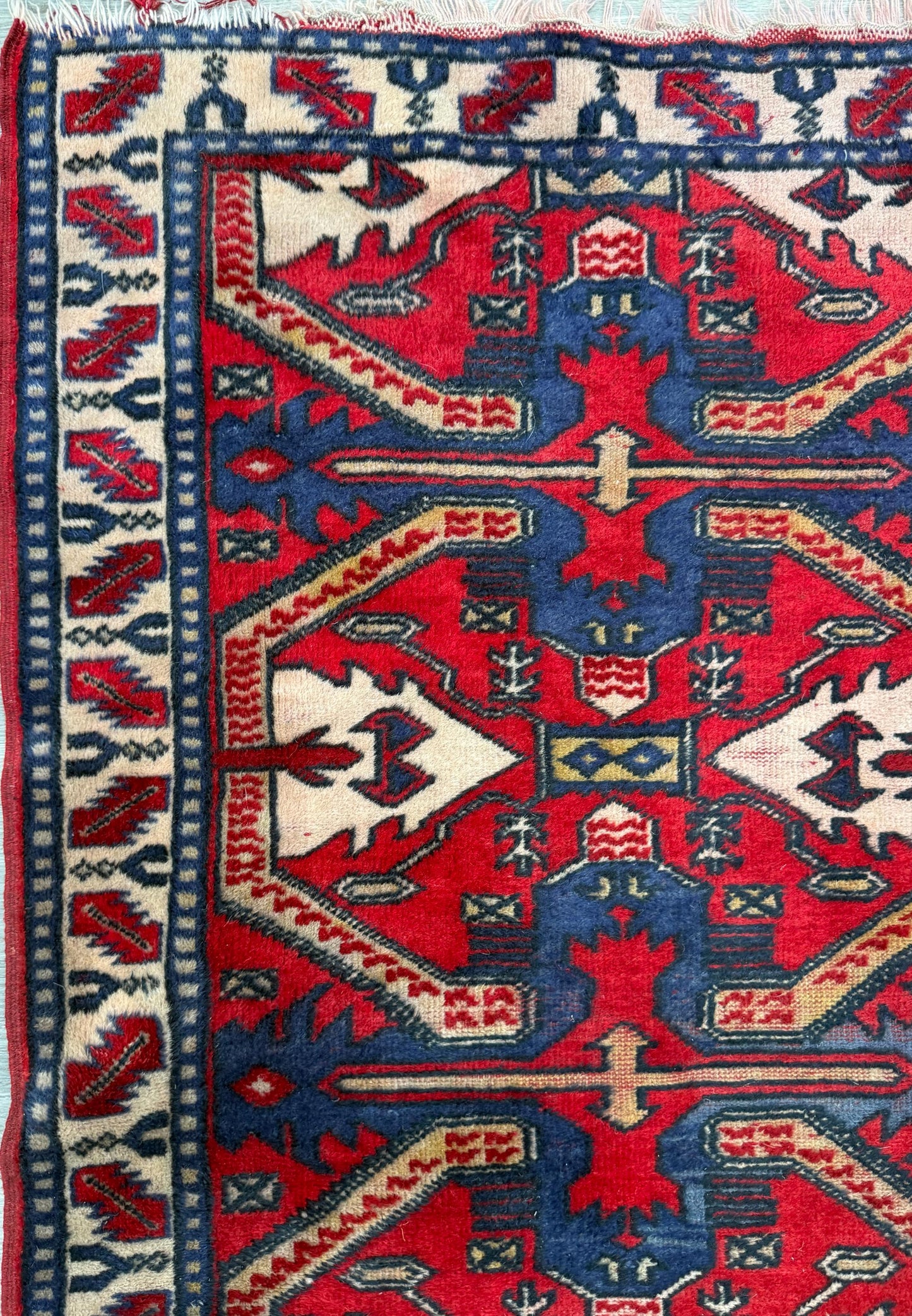 Vintage Kazak Style Rug 3x6 ft Hand Knotted Wool Tribal Geometric Area Rug 1980s