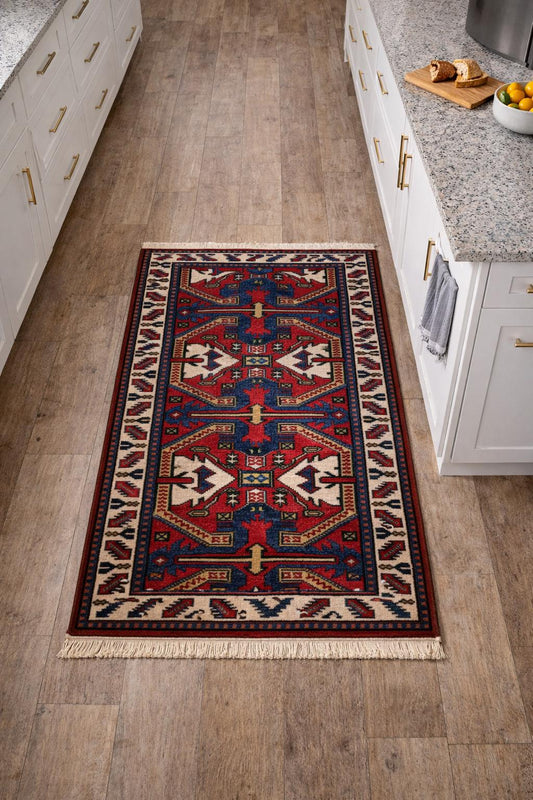 Vintage Kazak Style Rug 3x6 ft Hand Knotted Wool Tribal Geometric Area Rug 1980s