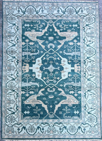 6x9 ft Oushak Hand Knotted Rug: Bohemian Wool Carpet