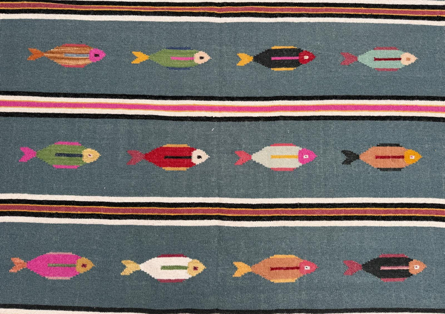 6x9 ft Handwoven Kilim Rug: Wool Geometric Flatweave Fish Design