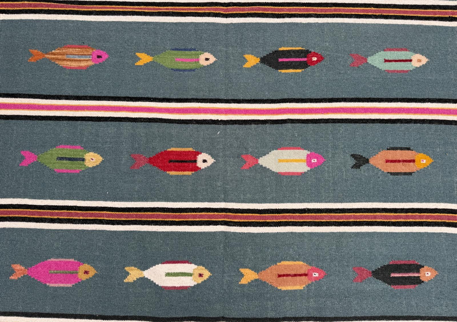 6x9 ft Handwoven Kilim Rug: Wool Geometric Flatweave Fish Design