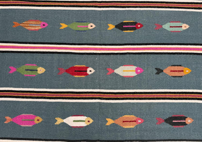 6x9 ft Handwoven Kilim Rug: Wool Geometric Flatweave Fish Design