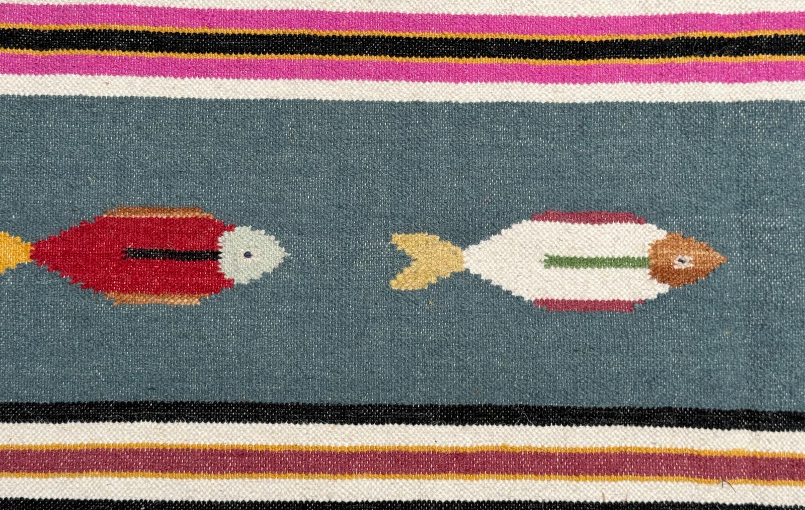 6x9 ft Handwoven Kilim Rug: Wool Geometric Flatweave Fish Design