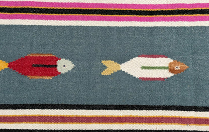 6x9 ft Handwoven Kilim Rug: Wool Geometric Flatweave Fish Design