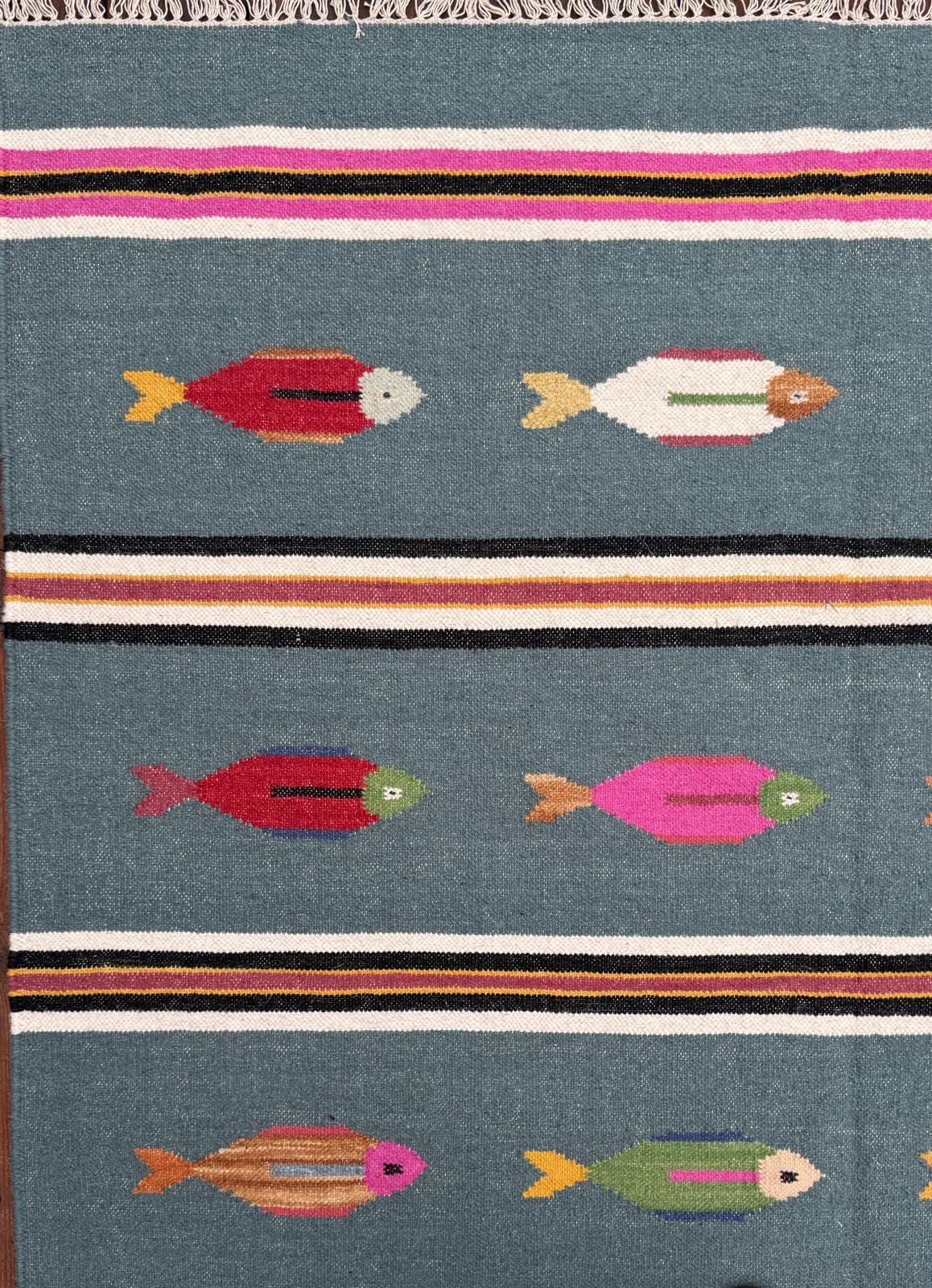 6x9 ft Handwoven Kilim Rug: Wool Geometric Flatweave Fish Design