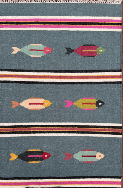 6x9 ft Handwoven Kilim Rug: Wool Geometric Flatweave Fish Design
