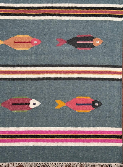 6x9 ft Handwoven Kilim Rug: Wool Geometric Flatweave Fish Design