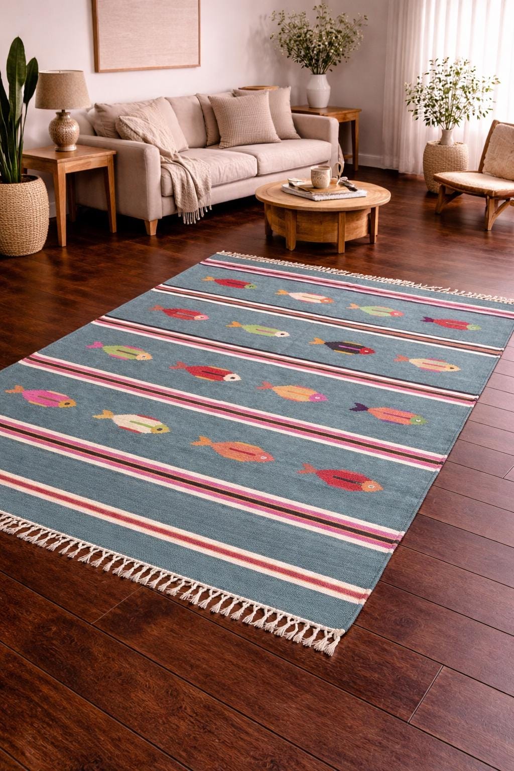 6x9 ft Handwoven Kilim Rug: Wool Geometric Flatweave Fish Design
