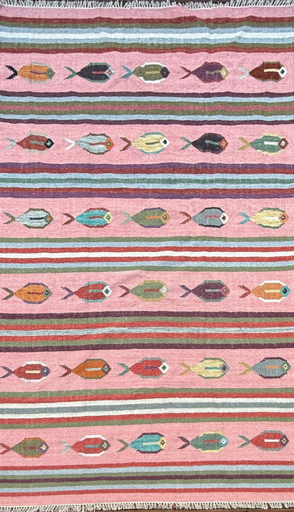 6x9 ft Handwoven Kilim Rug: Wool Geometric Flatweave Fish Design