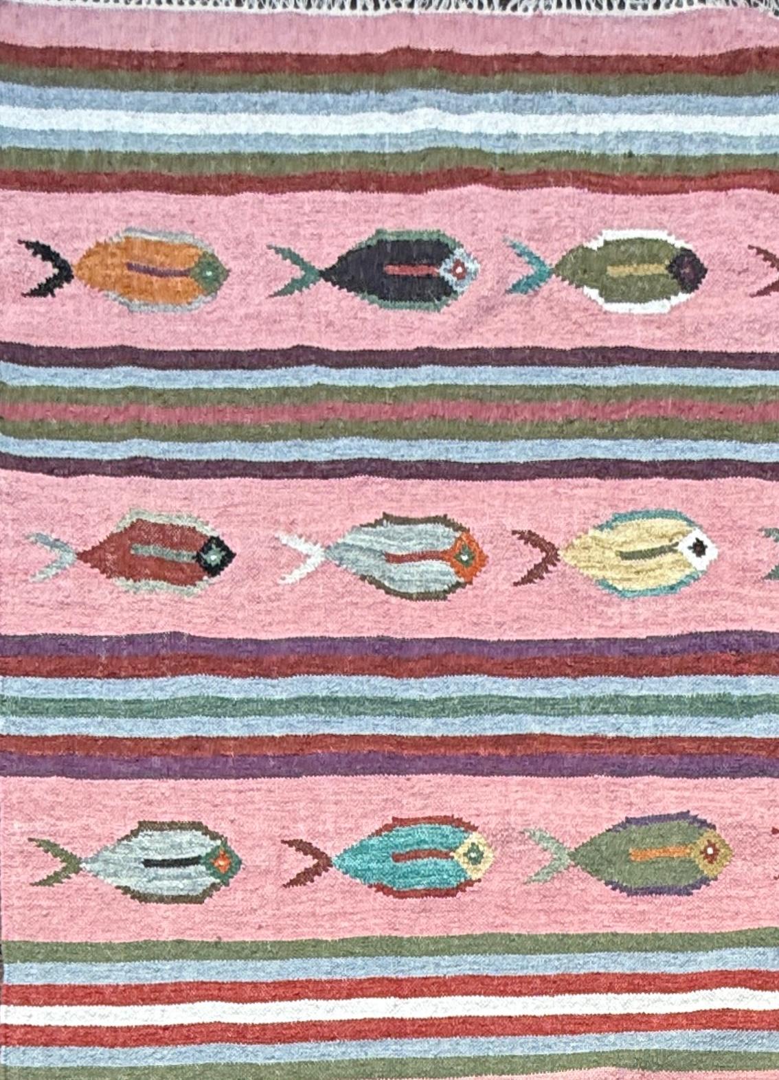 6x9 ft Handwoven Kilim Rug: Wool Geometric Flatweave Fish Design