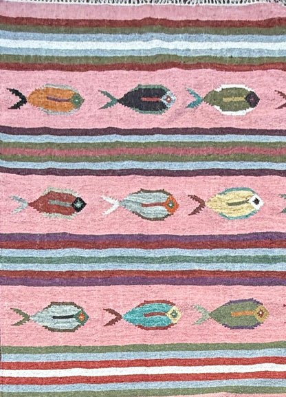 6x9 ft Handwoven Kilim Rug: Wool Geometric Flatweave Fish Design