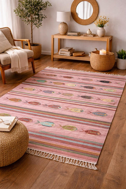 6x9 ft Handwoven Kilim Rug: Wool Geometric Flatweave Fish Design