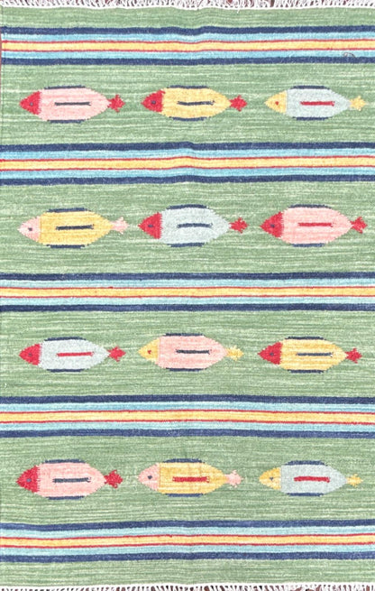 4x6 ft Handwoven Kilim Rug: Wool Geometric Flatweave Fish Design