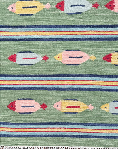 4x6 ft Handwoven Kilim Rug: Wool Geometric Flatweave Fish Design