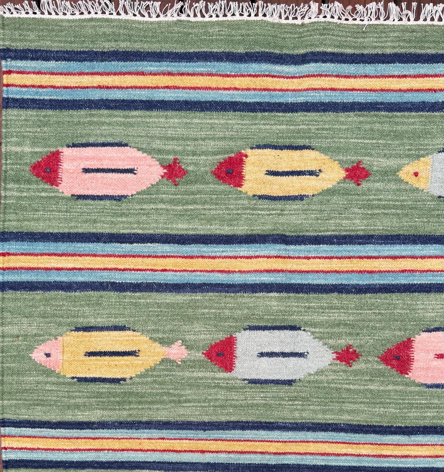 4x6 ft Handwoven Kilim Rug: Wool Geometric Flatweave Fish Design