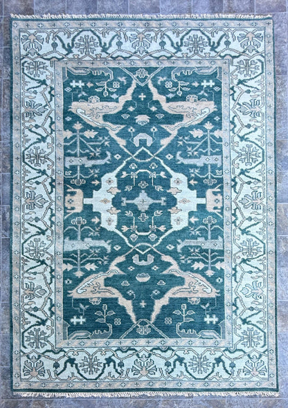 6x9 ft Oushak Hand Knotted Rug: Bohemian Wool Carpet