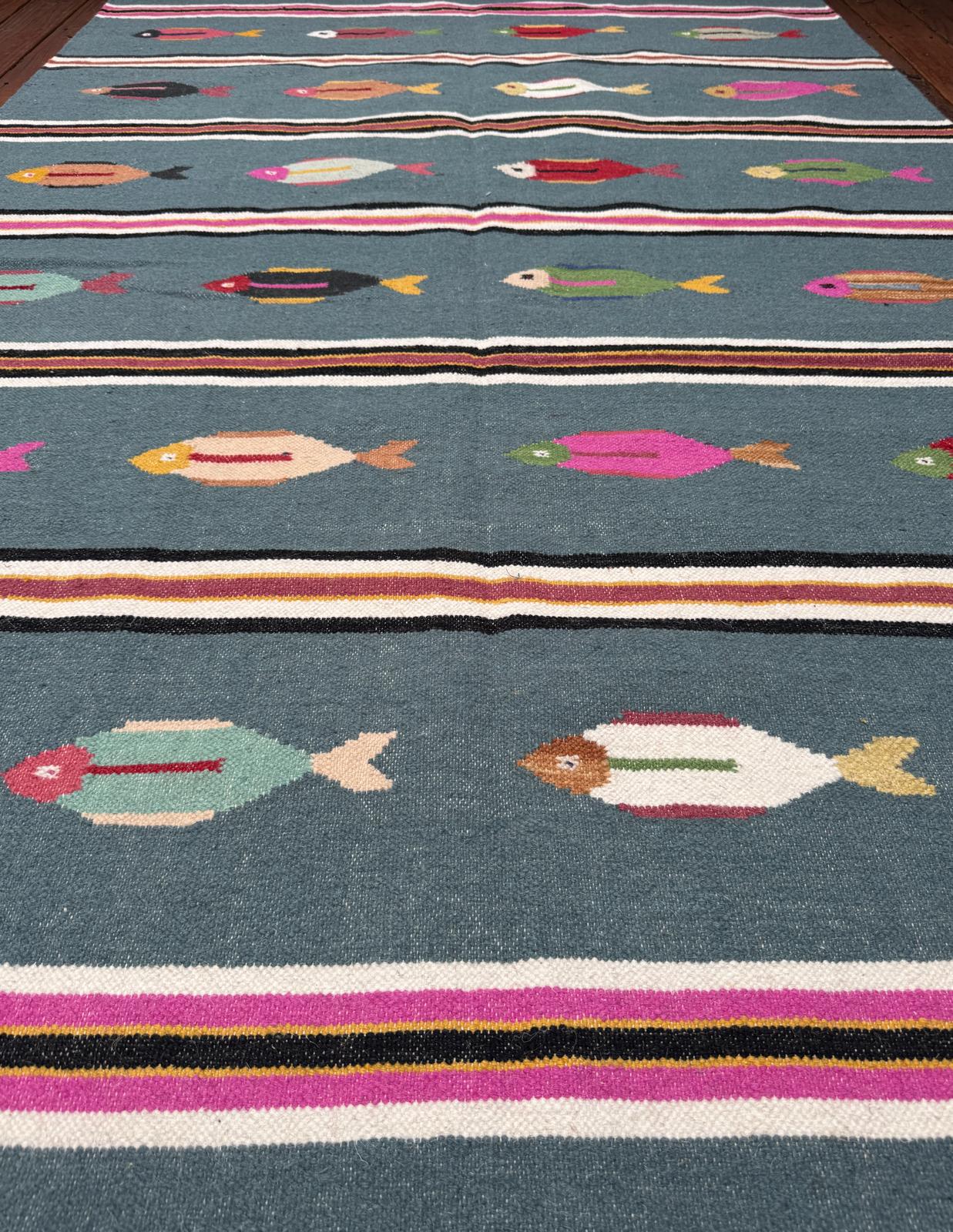 6x9 ft Handwoven Kilim Rug: Wool Geometric Flatweave Fish Design