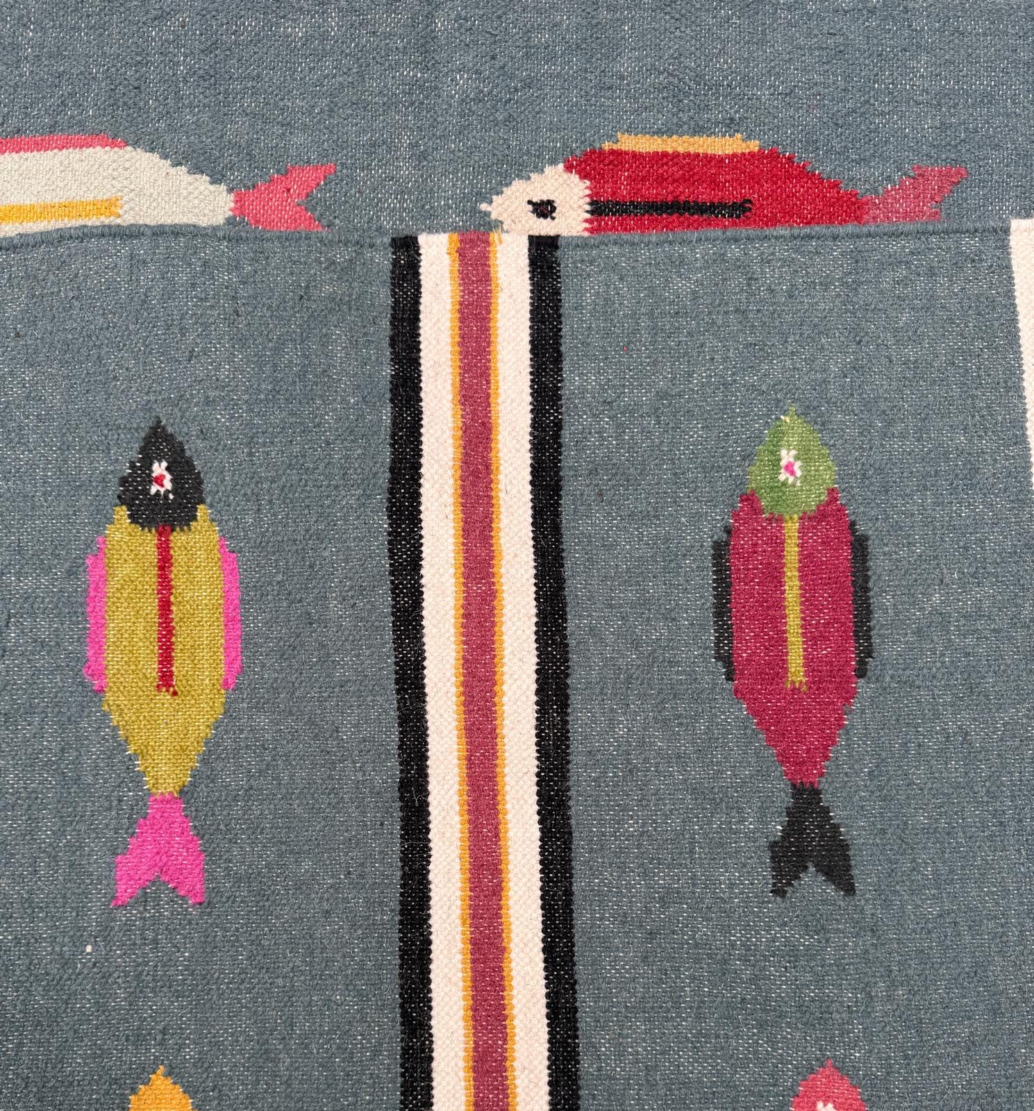 6x9 ft Handwoven Kilim Rug: Wool Geometric Flatweave Fish Design