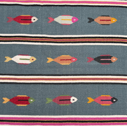6x9 ft Handwoven Kilim Rug: Wool Geometric Flatweave Fish Design
