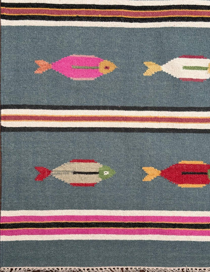 6x9 ft Handwoven Kilim Rug: Wool Geometric Flatweave Fish Design