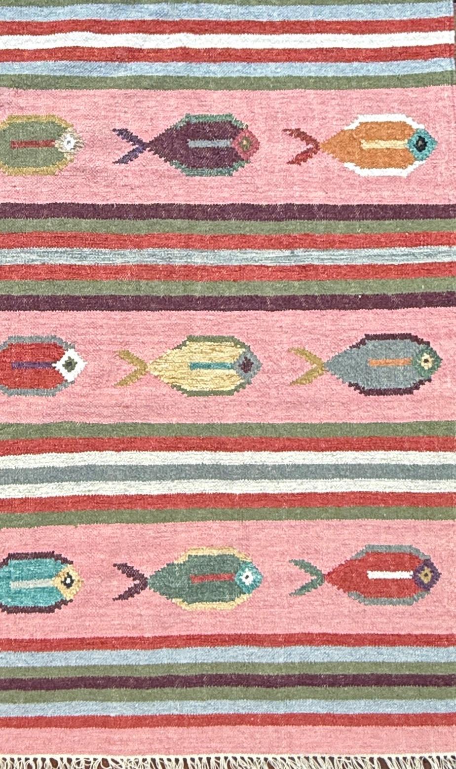 6x9 ft Handwoven Kilim Rug: Wool Geometric Flatweave Fish Design