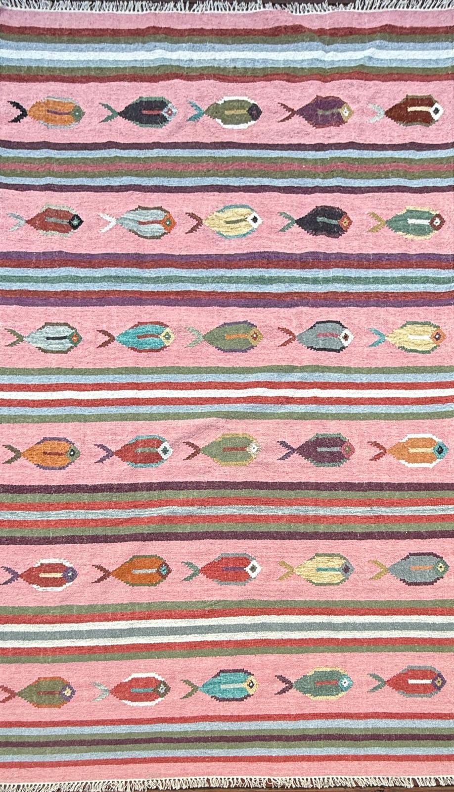 6x9 ft Handwoven Kilim Rug: Wool Geometric Flatweave Fish Design