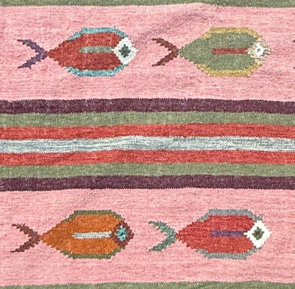 6x9 ft Handwoven Kilim Rug: Wool Geometric Flatweave Fish Design