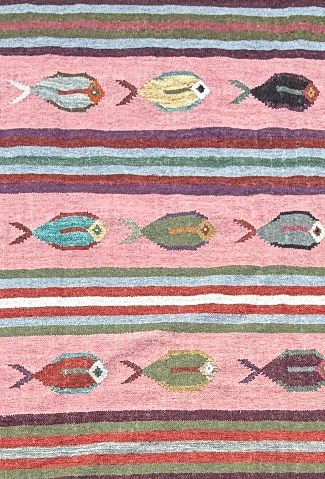 6x9 ft Handwoven Kilim Rug: Wool Geometric Flatweave Fish Design