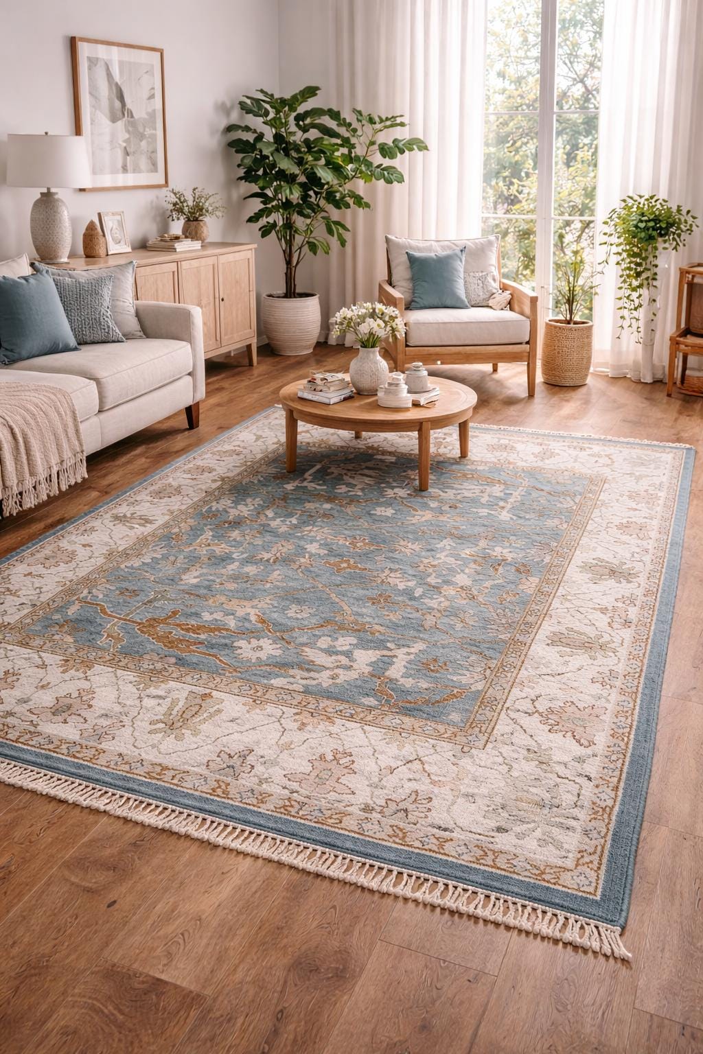 8 x 10 ft Hand-Knotted Oushak Rug: Multicolored Wool Bohemian Carpet