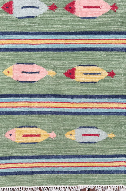 4x6 ft Handwoven Kilim Rug: Wool Geometric Flatweave Fish Design
