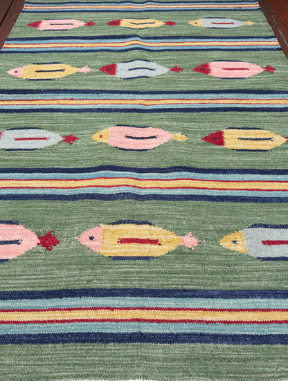 4x6 ft Handwoven Kilim Rug: Wool Geometric Flatweave Fish Design